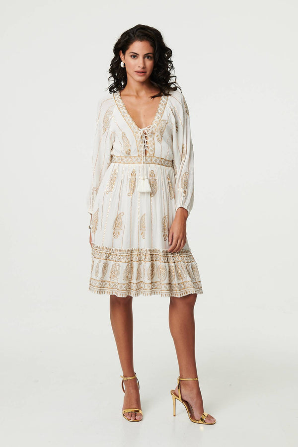 Cream | Paisley Flared Sleeve Knee Length Dress