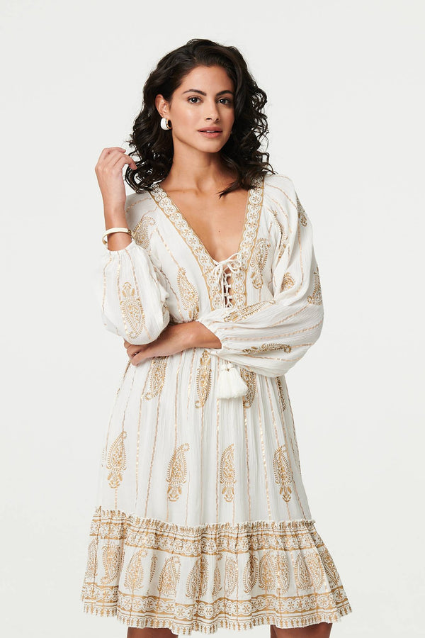 Cream | Paisley Flared Sleeve Knee Length Dress