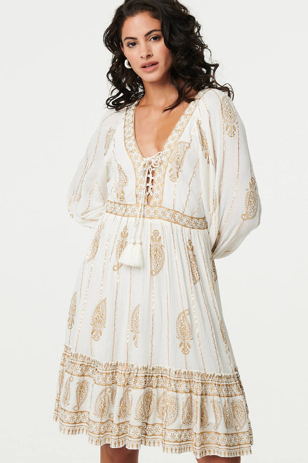 Cream | Paisley Flared Sleeve Knee Length Dress