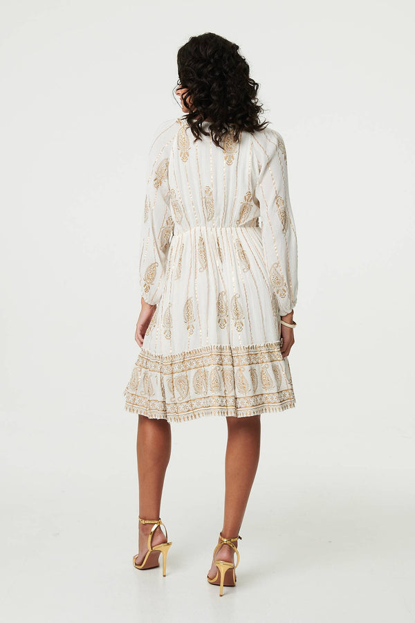 Cream | Paisley Flared Sleeve Knee Length Dress
