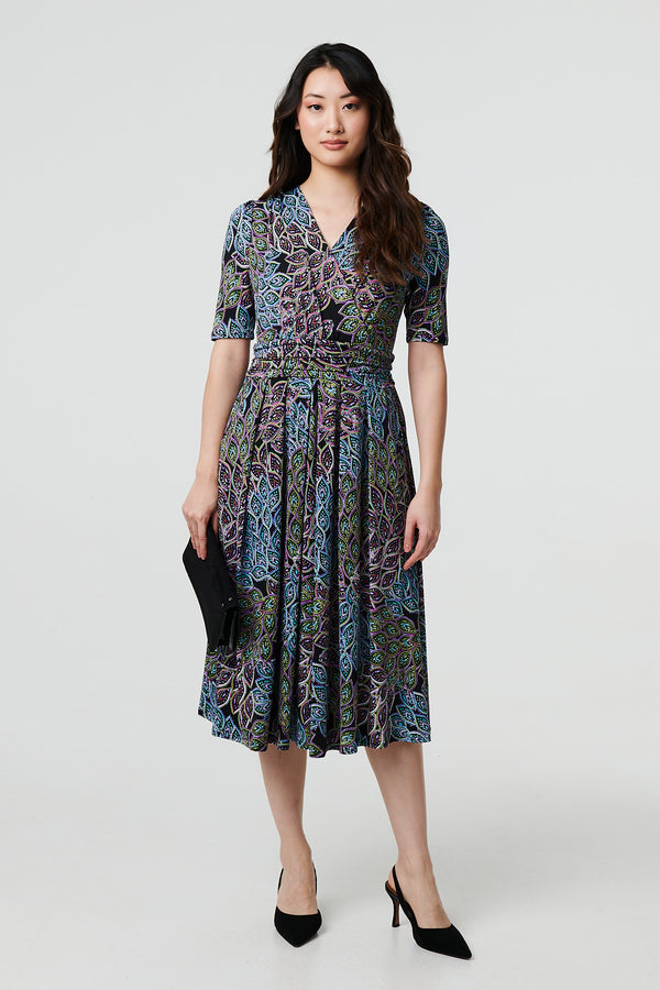 Navy | Leaf Print 1/2 Sleeve Faux Wrap Midi Dress