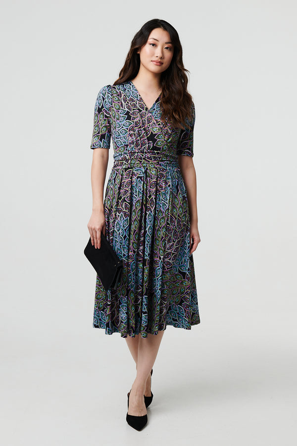 Navy | Leaf Print 1/2 Sleeve Faux Wrap Midi Dress