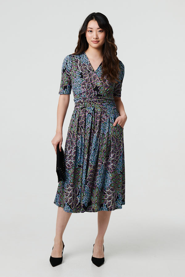 Navy | Leaf Print 1/2 Sleeve Faux Wrap Midi Dress