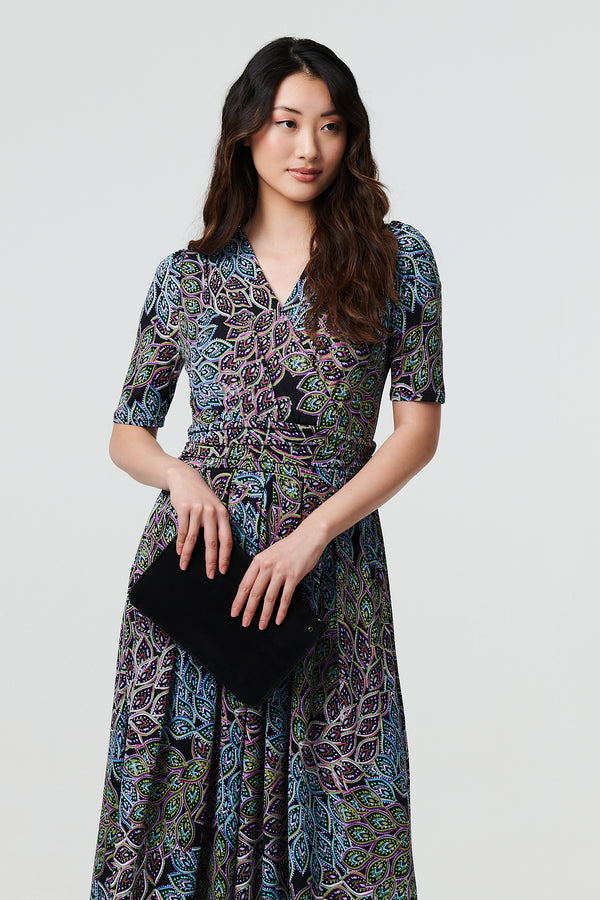 Navy | Leaf Print 1/2 Sleeve Faux Wrap Midi Dress