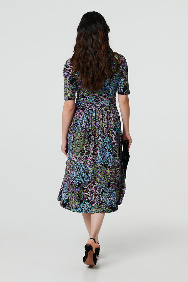 Navy | Leaf Print 1/2 Sleeve Faux Wrap Midi Dress