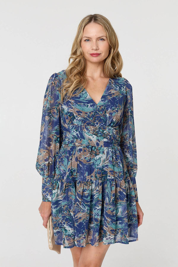 Blue | Printed Long Sleeve Pleated Short Dress