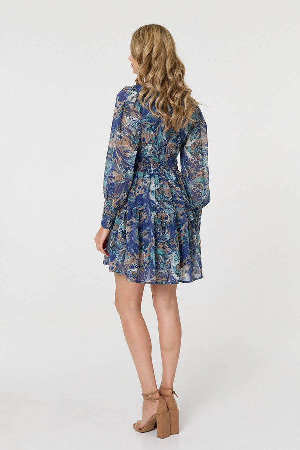 Blue | Printed Long Sleeve Pleated Short Dress