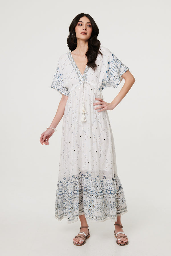 White | Embellished Border Print Maxi Dress : Model is 5'11"/180 cm and wears UK8/EU36/US4/AUS8