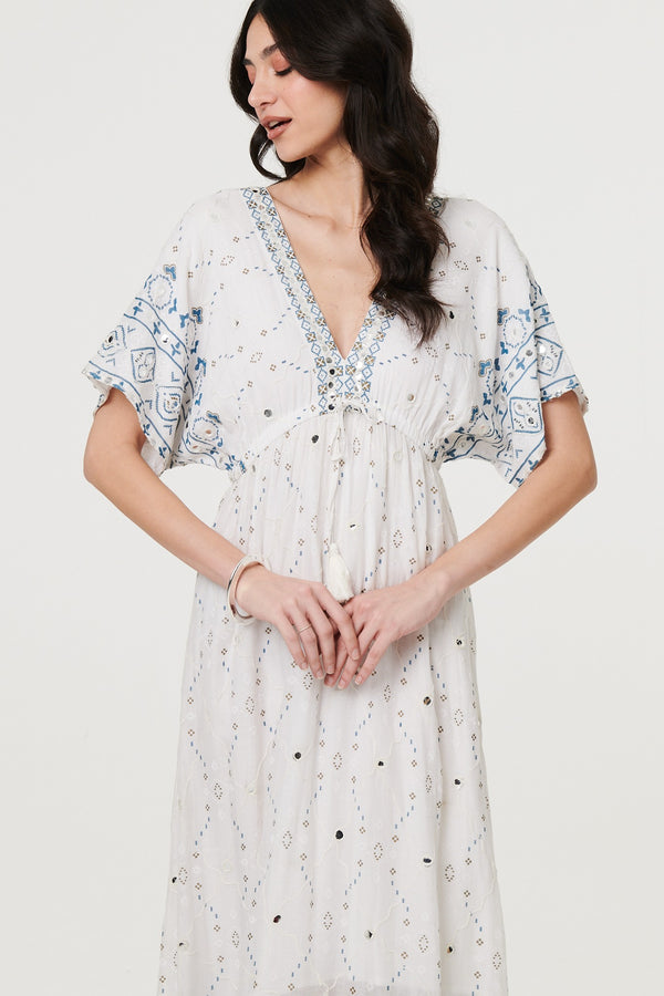White | Embellished Border Print Maxi Dress