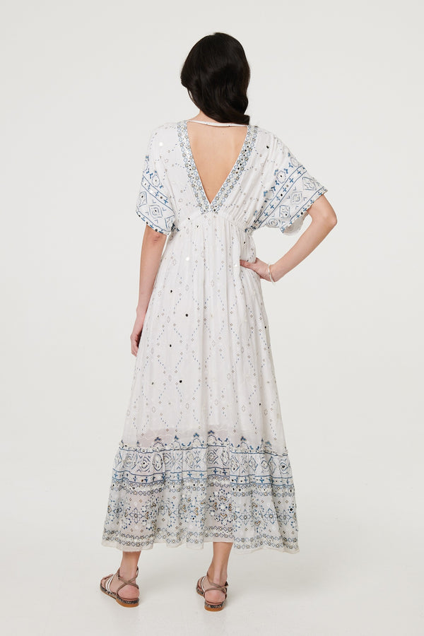 White | Embellished Border Print Maxi Dress