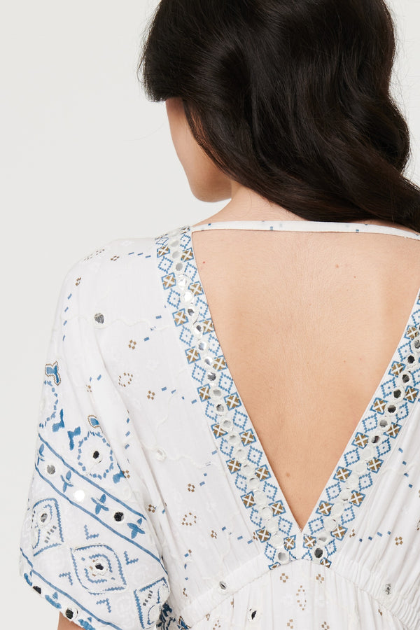 White | Embellished Border Print Maxi Dress