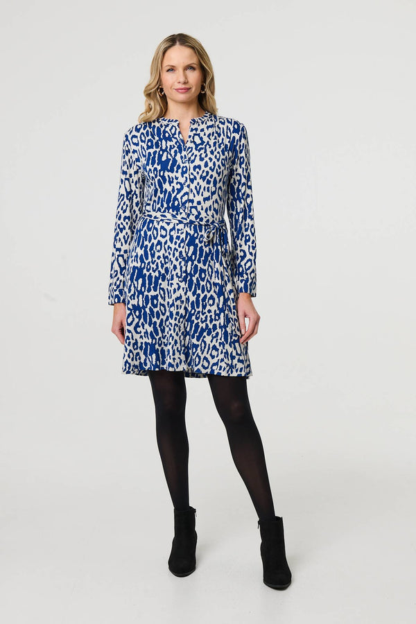 Blue | Animal Print Long Sleeve Short Shirt Dress