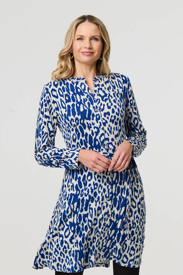 Blue | Animal Print Long Sleeve Short Shirt Dress