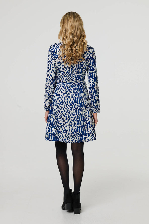 Blue | Animal Print Long Sleeve Short Shirt Dress