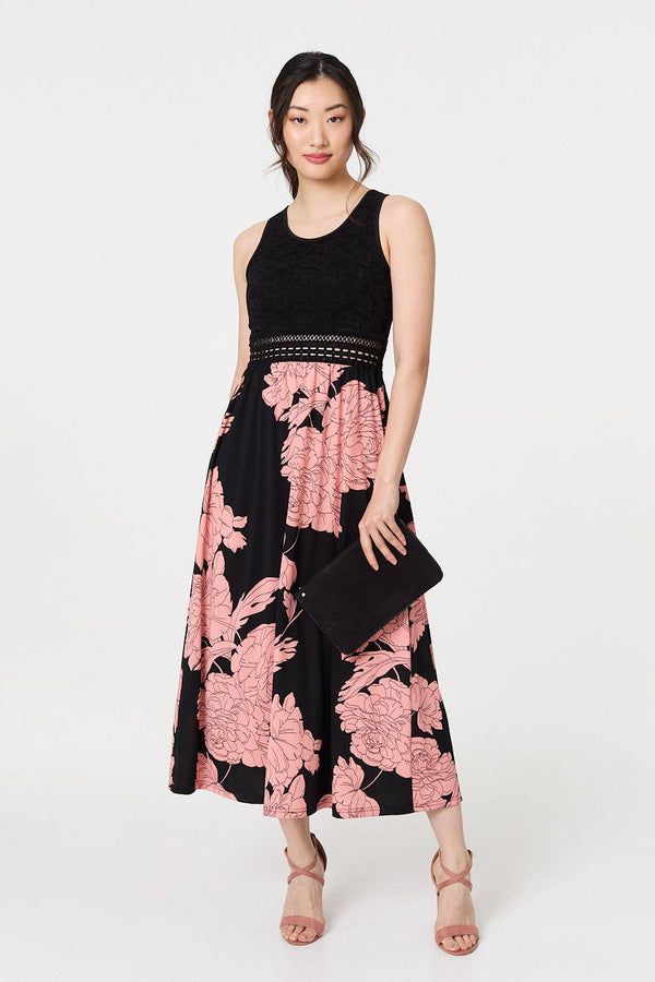 Black | Floral Lace Trim Sleeveless Maxi Dress