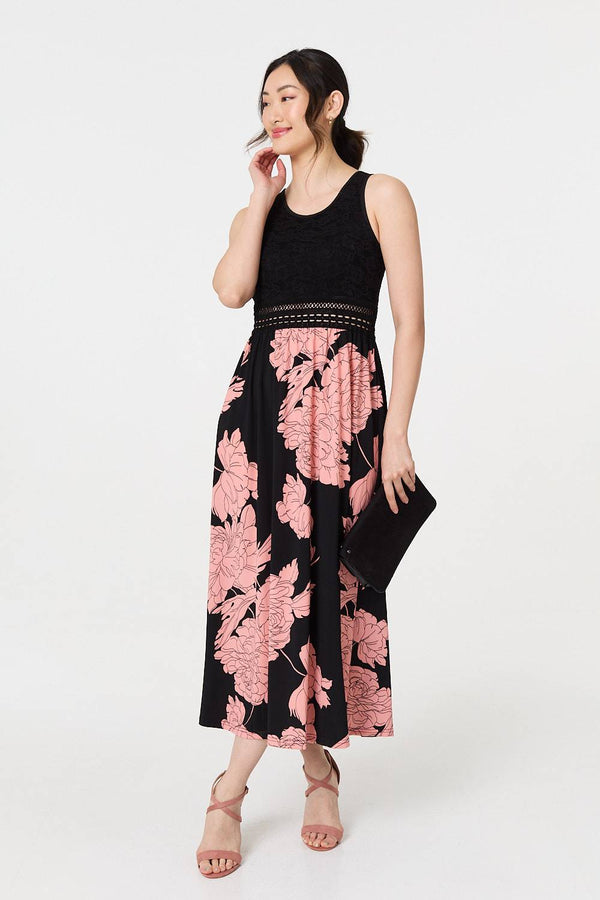 Black | Floral Lace Trim Sleeveless Maxi Dress