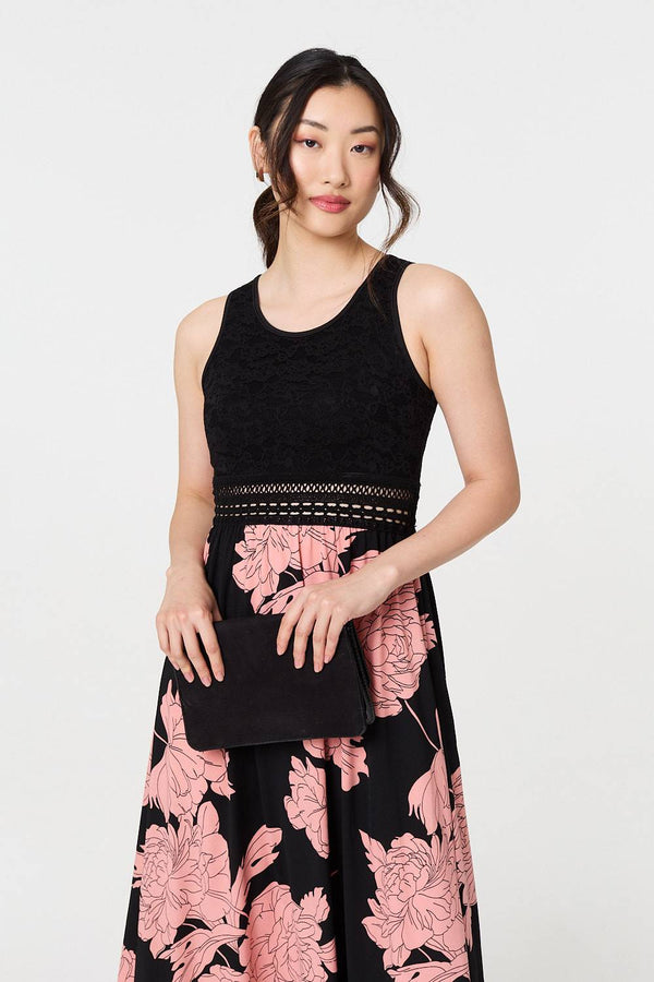 Black | Floral Lace Trim Sleeveless Maxi Dress