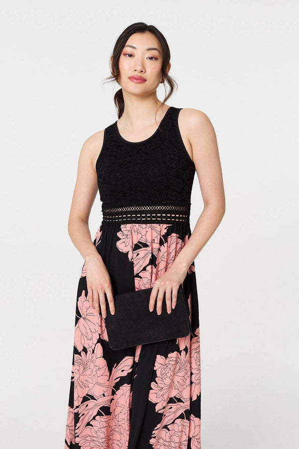 Black | Floral Lace Trim Sleeveless Maxi Dress