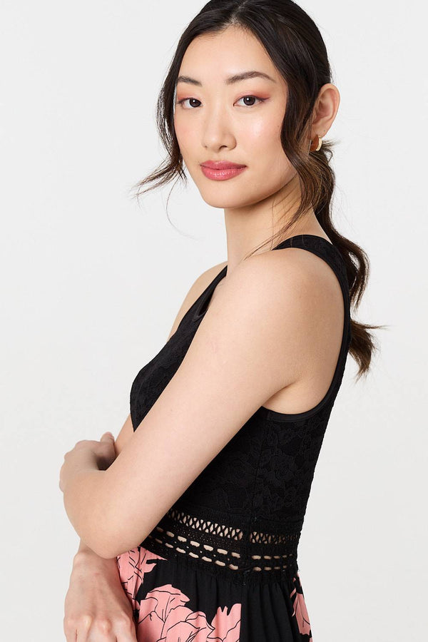 Black | Floral Lace Trim Sleeveless Maxi Dress