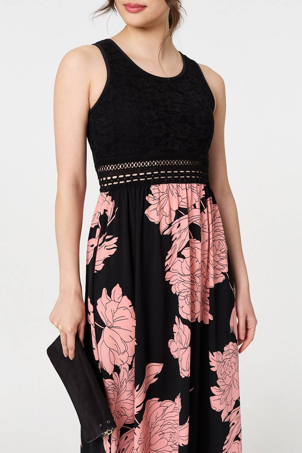 Black | Floral Lace Trim Sleeveless Maxi Dress