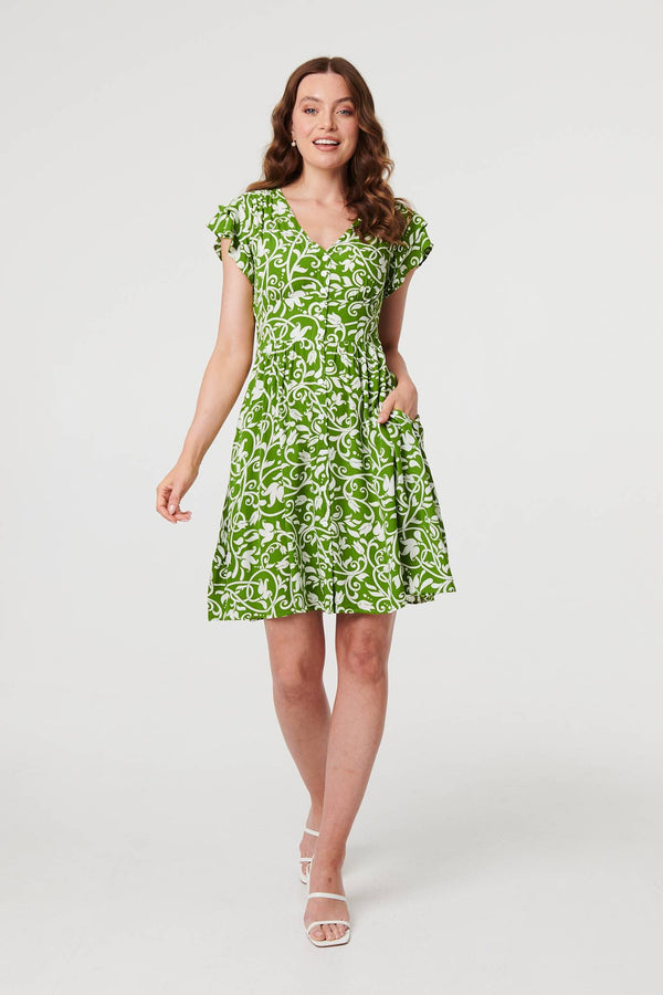 Green | Printed Cap Sleeve Short Skater Dress