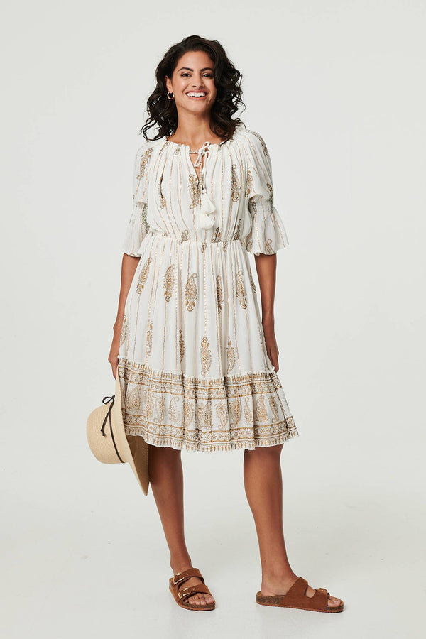 Cream | Ikat Print Knee Length Bardot Dress