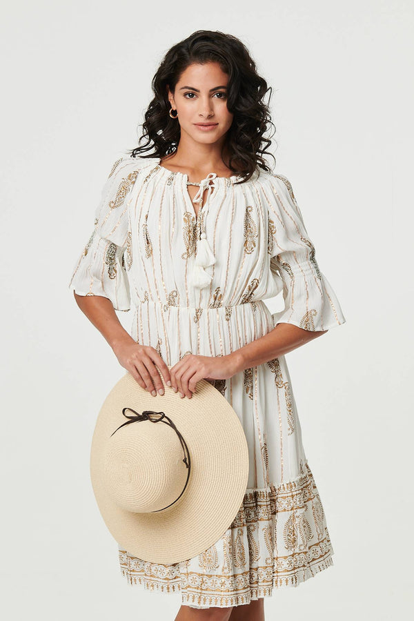 Cream | Ikat Print Knee Length Bardot Dress