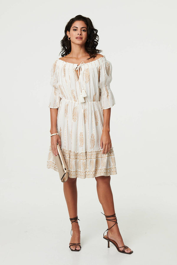 Cream | Ikat Print Knee Length Bardot Dress