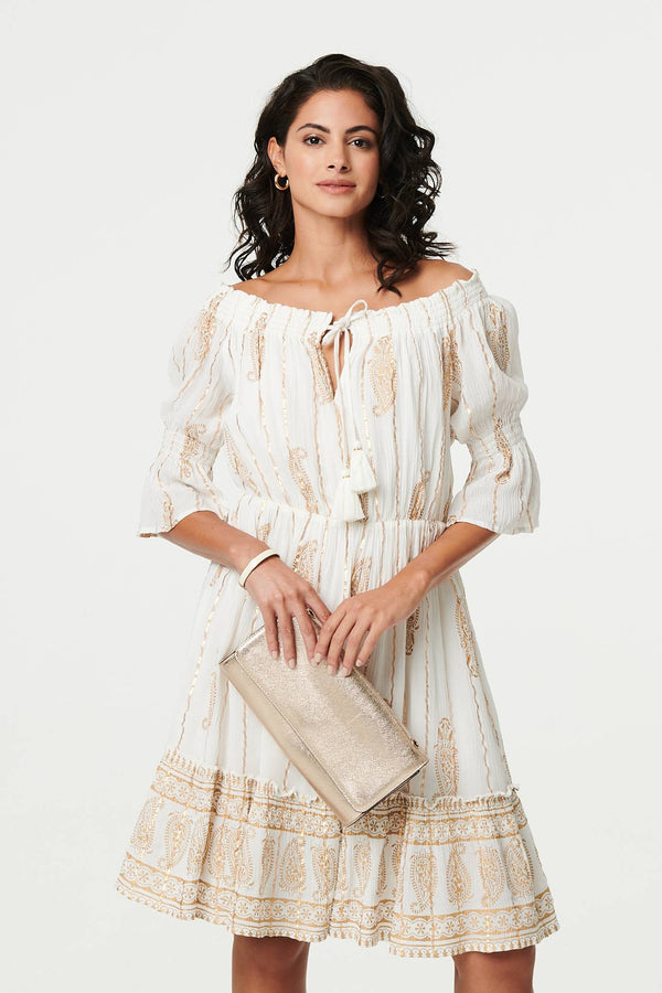 Cream | Ikat Print Knee Length Bardot Dress