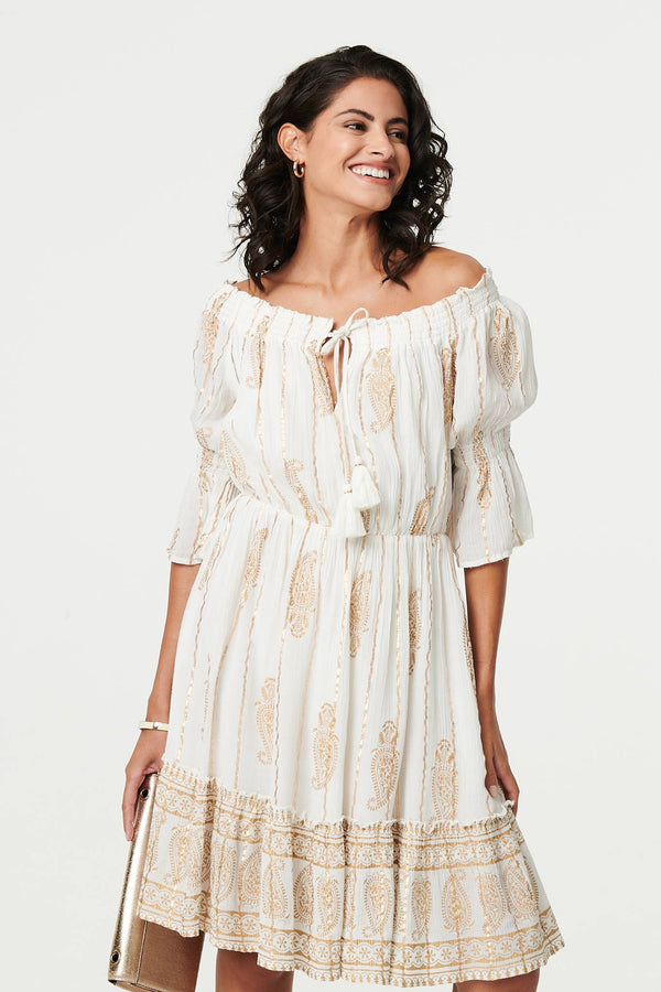 Cream | Ikat Print Knee Length Bardot Dress