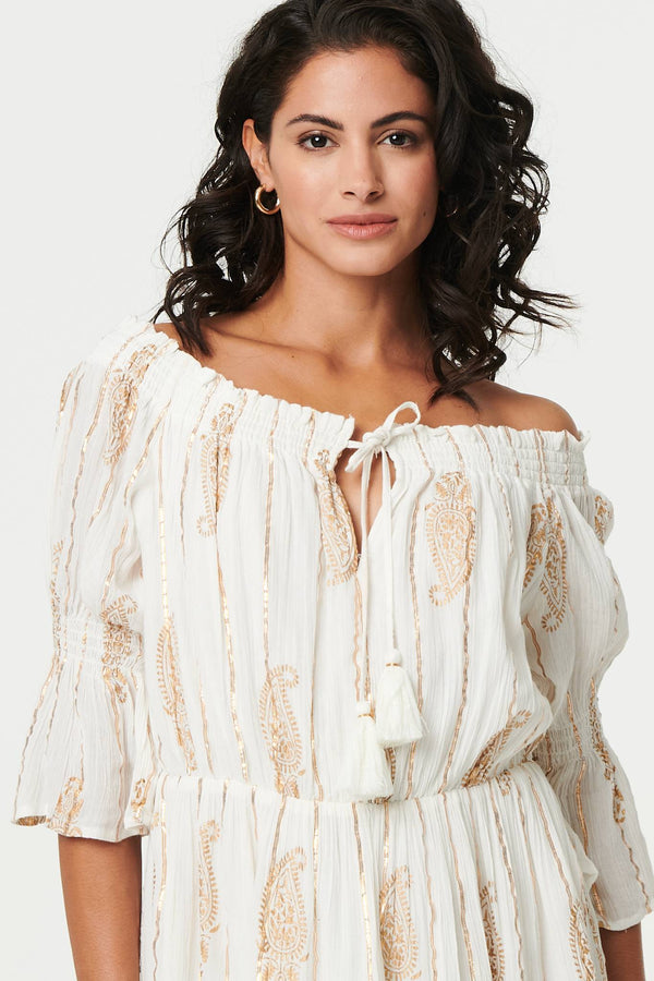 Cream | Ikat Print Knee Length Bardot Dress