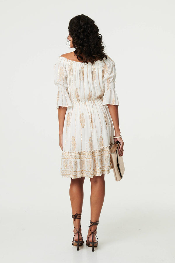 Cream | Ikat Print Knee Length Bardot Dress