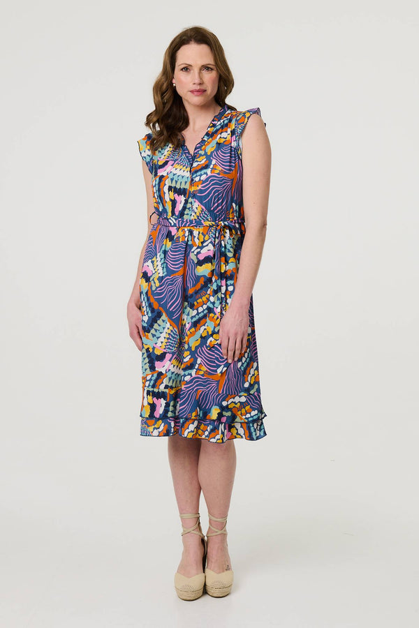 Blue | Abstract Frill Cap Sleeve Wrap Midi Dress