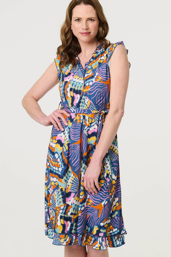 Blue | Abstract Frill Cap Sleeve Wrap Midi Dress