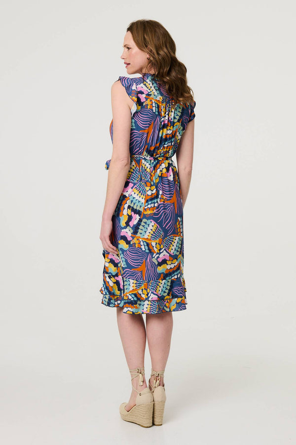 Blue | Abstract Frill Cap Sleeve Wrap Midi Dress