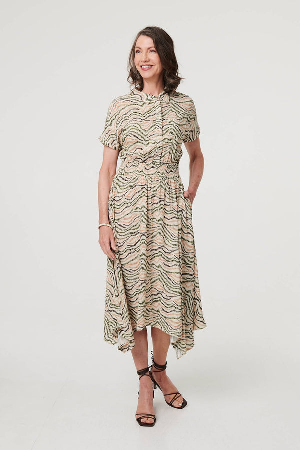Green | Printed Short Sleeve Shirred Midi Dress