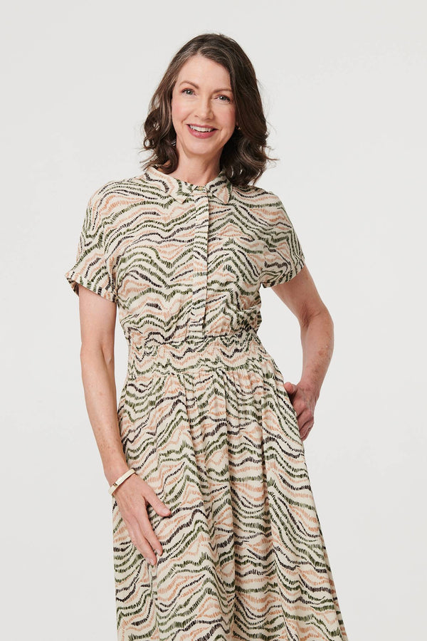 Green | Printed Short Sleeve Shirred Midi Dress