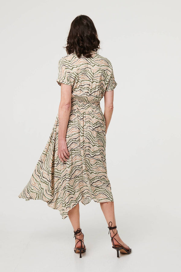 Green | Printed Short Sleeve Shirred Midi Dress