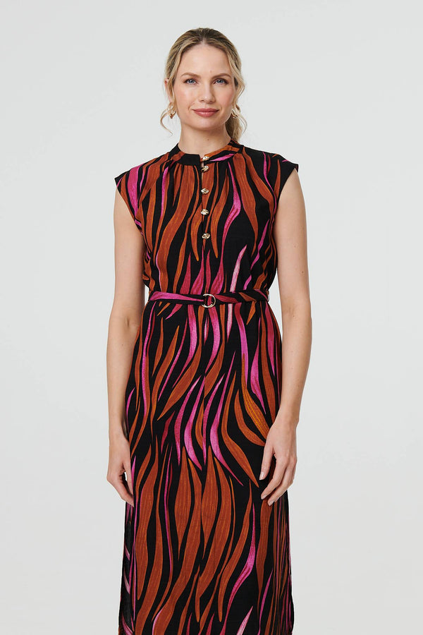 Black | Striped Cap Sleeve Belted Midi Dress