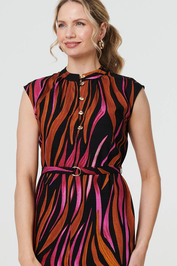 Black | Striped Cap Sleeve Belted Midi Dress