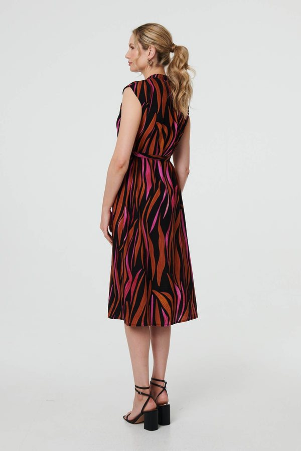 Black | Striped Cap Sleeve Belted Midi Dress