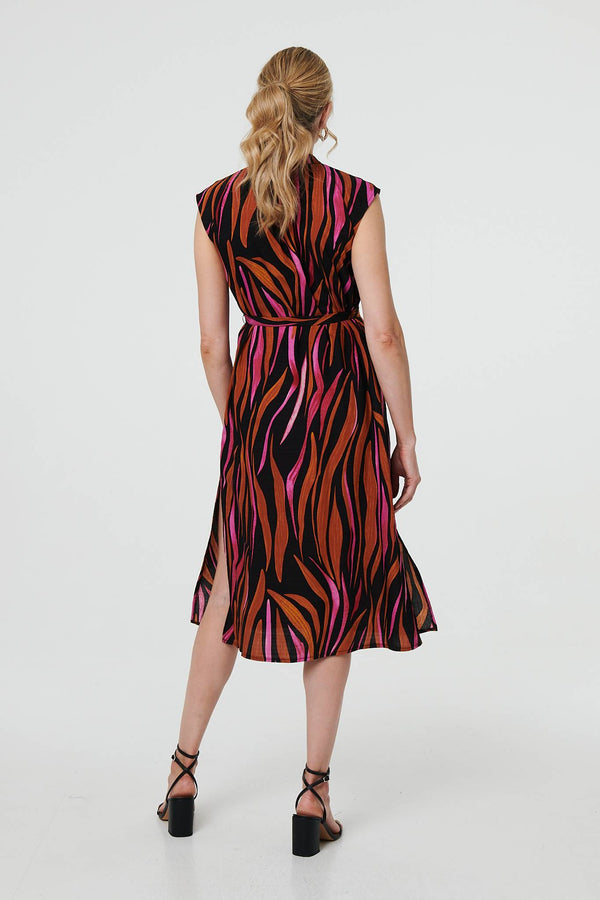 Black | Striped Cap Sleeve Belted Midi Dress