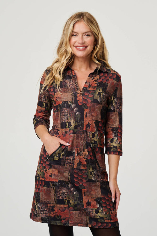 Brown | Printed 3/4 Sleeve Collared Short Dress