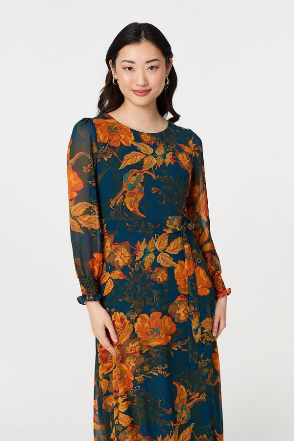 Orange | Floral Semi Sheer Tie Waist Maxi Dress