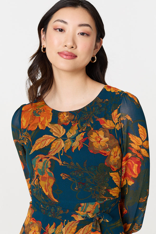 Orange | Floral Semi Sheer Tie Waist Maxi Dress