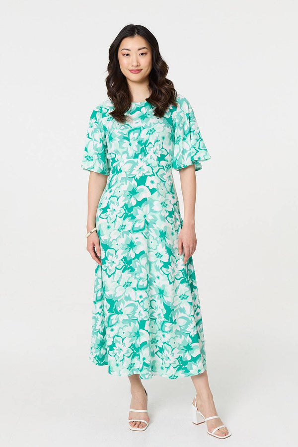 Green | Floral Flared Sleeve A-Line Midi Dress