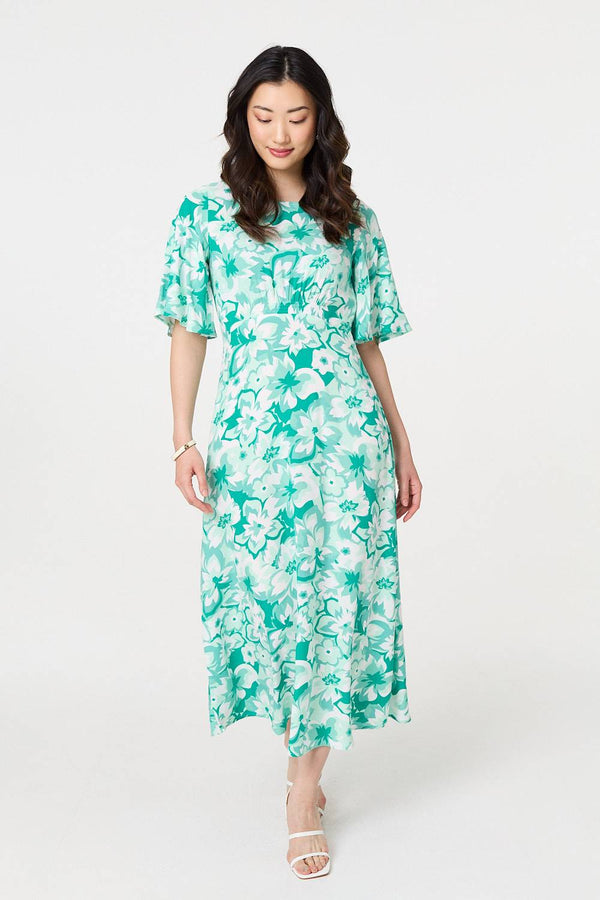 Green | Floral Flared Sleeve A-Line Midi Dress