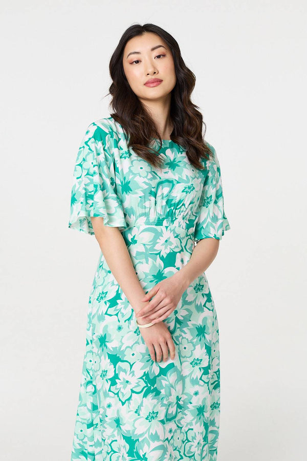 Green | Floral Flared Sleeve A-Line Midi Dress