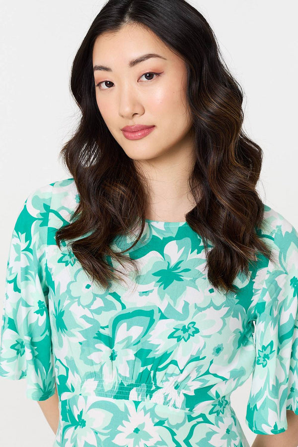 Green | Floral Flared Sleeve A-Line Midi Dress