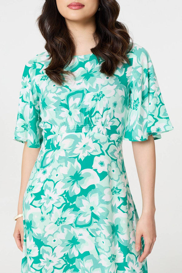 Green | Floral Flared Sleeve A-Line Midi Dress